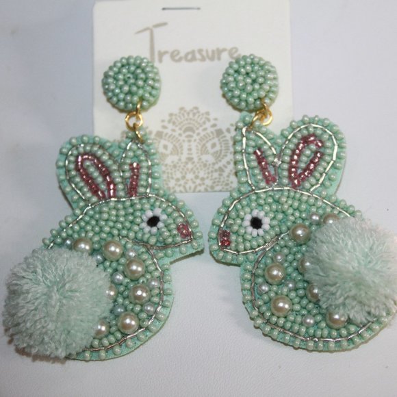 Lite Green Easter Bunny w/Real Furry Tail Earrings - Picture 1 of 3